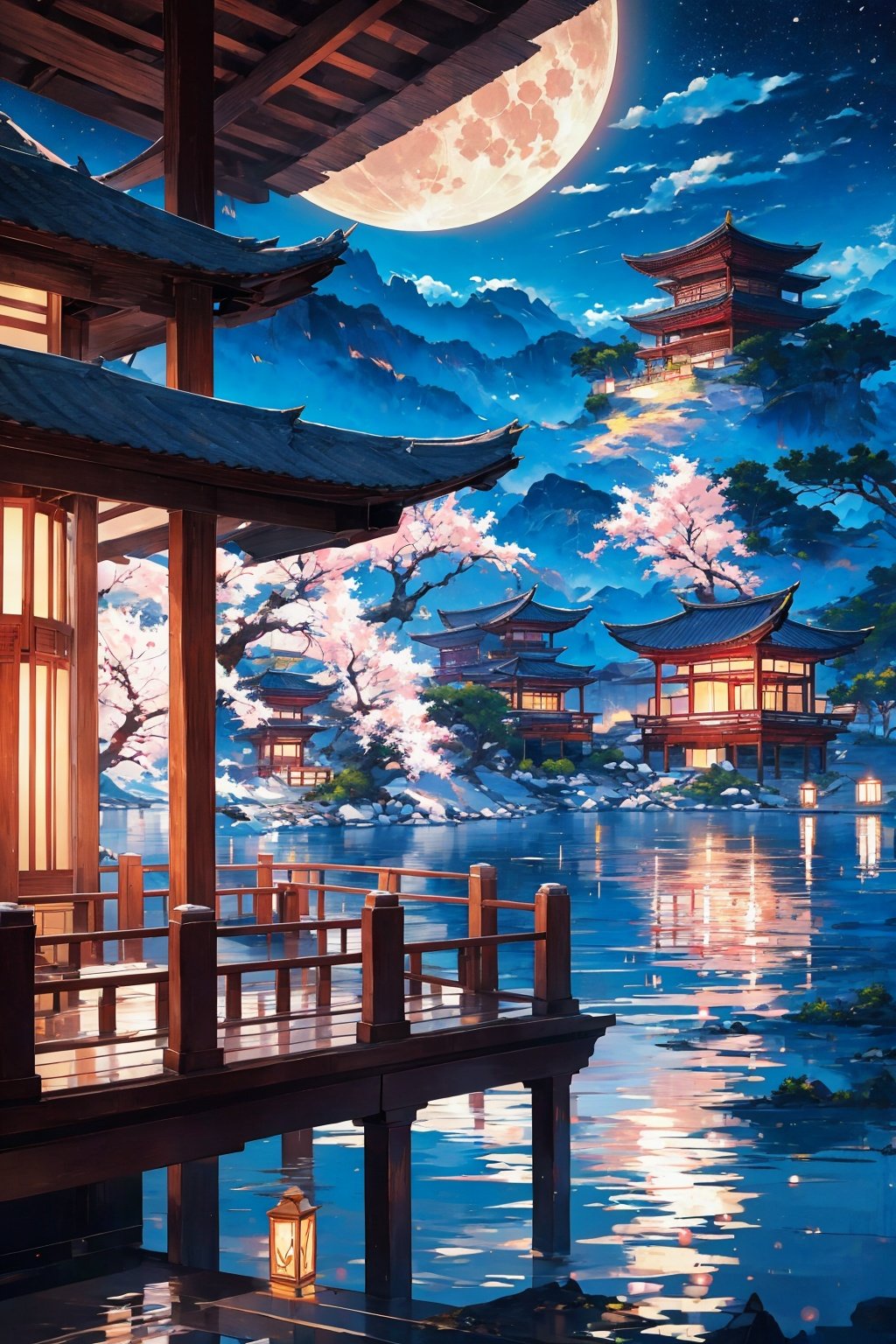 Best quality,8k,cg,moon,Peach Blossom Tree,lake,cloud,