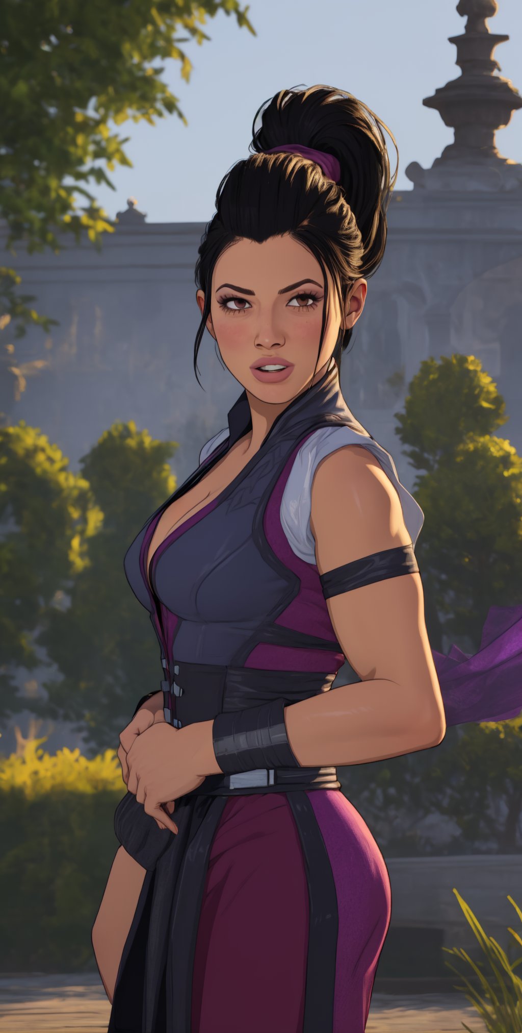 LiMei, black hair, brown eyes,  toned,  ponytail,  
purple dress,  cleavage cutout, facing viewer, 
(insanely detailed, beautiful detailed face, masterpiece, best quality) solo, blush, 
 upper body, serious,  standing, 
garden, morning, mortal kombat,  
 