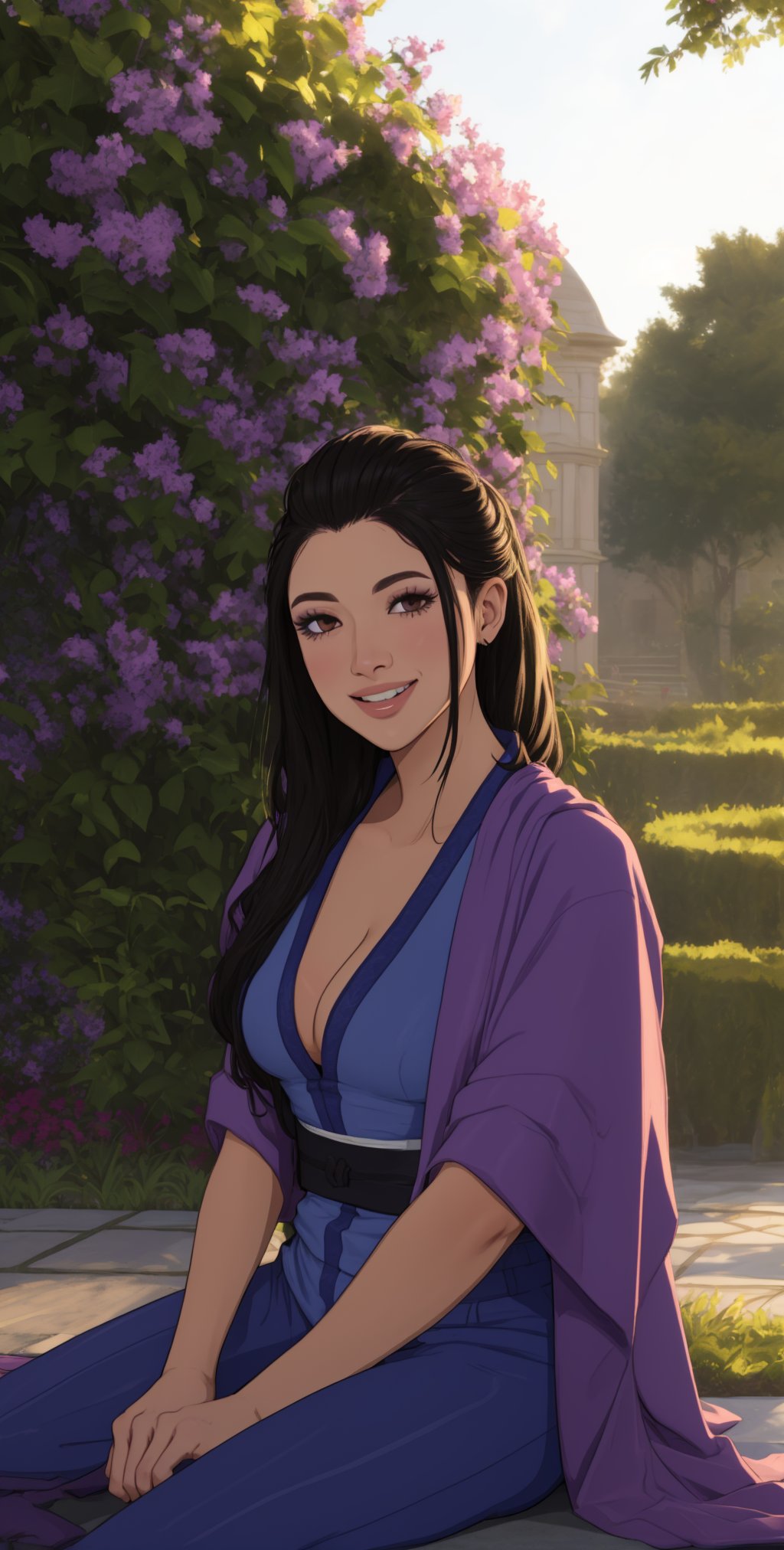 LiMei, black hair, brown eyes,  
purple losse pants, purple robes, cleavage,  sash, 
(insanely detailed, beautiful detailed face, masterpiece, best quality) solo, smile, 
 upper body,  sitting, 
garden, morning, 
 