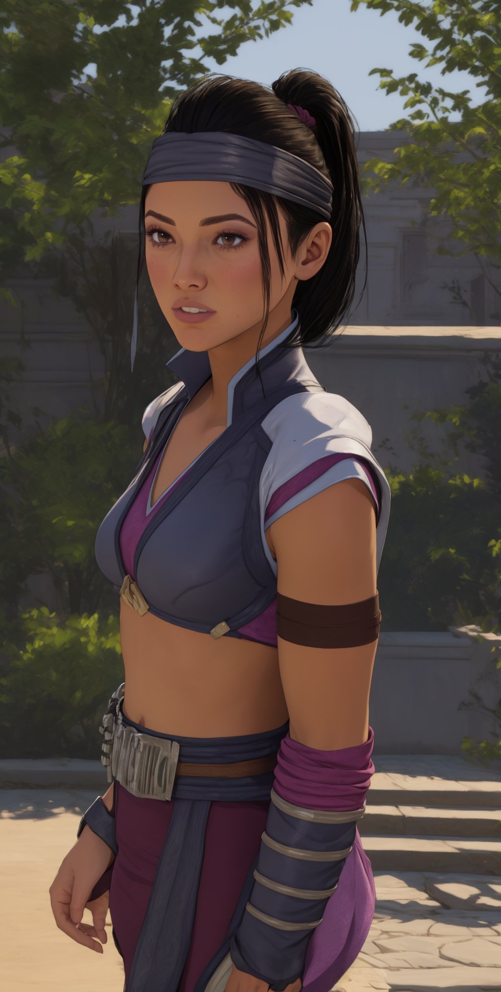 LiMei, black hair, brown eyes,  
purple bikini,, elbow gloves,  headband,  armor, 
(insanely detailed, beautiful detailed face, masterpiece, best quality) solo,
 upper body, cowboy shot,  serious, 
garden, morning, 
 