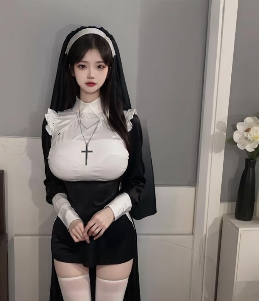 (masterpiece, best quality:1.4),finely detailed,1girl,solo,(pale skin),perfect body,glossy skin,(Supergiant huge breasts:1.1),(nun),habit,black eyes,long hair,cross,necklace,jewelry,cross necklace,looking at viewer,lips,veil,indoor,hotel,room,(1 breast),white romper,white_thighhighs,housemaid,black dress,<lora:eula-000008:0.8>,standing,