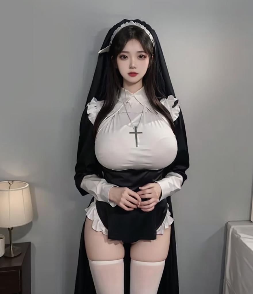 (masterpiece, best quality:1.4),finely detailed,1girl,solo,(pale skin),perfect body,glossy skin,(Supergiant huge breasts:1.1),(nun),habit,black eyes,long hair,cross,necklace,jewelry,cross necklace,looking at viewer,lips,veil,indoor,hotel,room,(1 breast),white romper,white_thighhighs,housemaid,black dress,<lora:eula-000008:0.8>,standing,