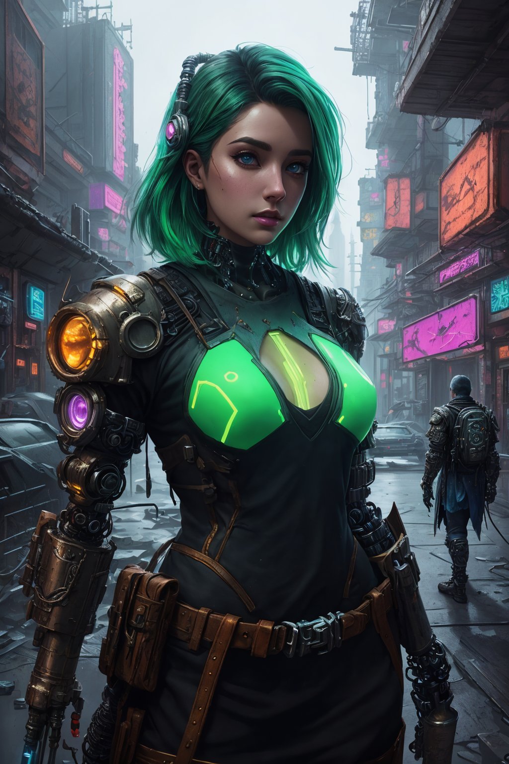 (best quality, 4K, highly detailed), (cyberpunk, D&D character), A cybernetic character from the world of D&D, adorned in a rusty metallic hunter armor with vivid green skin, seamlessly blending cyberpunk and fantasy elements. This trending ArtStation masterpiece, reminiscent of Greg Rutkowski, Loish, and Rhads, is a 4K pencil drawing with intricate details and an Unreal Engine twist.