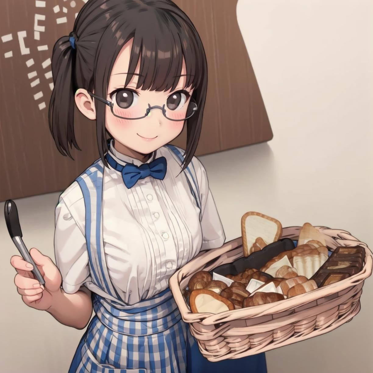 masterpiece, best quality, ultra-detailed, illustration,(1girl,solo:1.4), glasses, blush, shy, smile, looking at viewer, full body, face focus, black hair, medium hair,KRU, blue skirt, blue bowtie, blue bow, blue apron, white shirt, waitress, high-waist skirt, short hair, short sleeves, gingham apron,black eyes, bread, food, tongs, holding, basket, <lora:kobeya_U_SD15_V5:1>