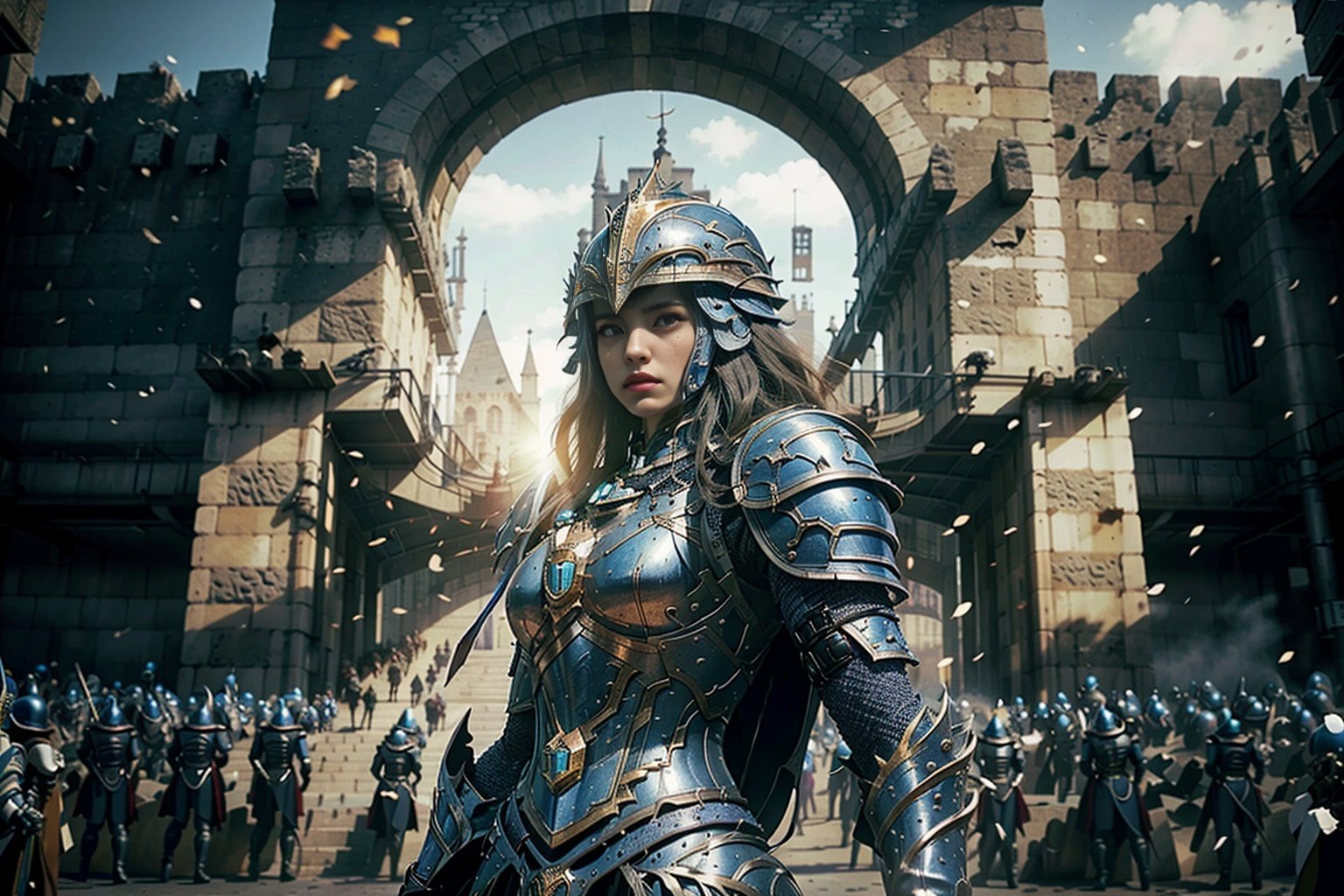 best quality,masterpiece,colorful,dynamic angle,highest detailed,<lora:ArmoredWarrior-000015:0.8>,Armor,1 girl,(blue eye:1.3),(blue armor:1.3),the black iron gate of the city wall,watching the audience,war-ridden,backlighting,
