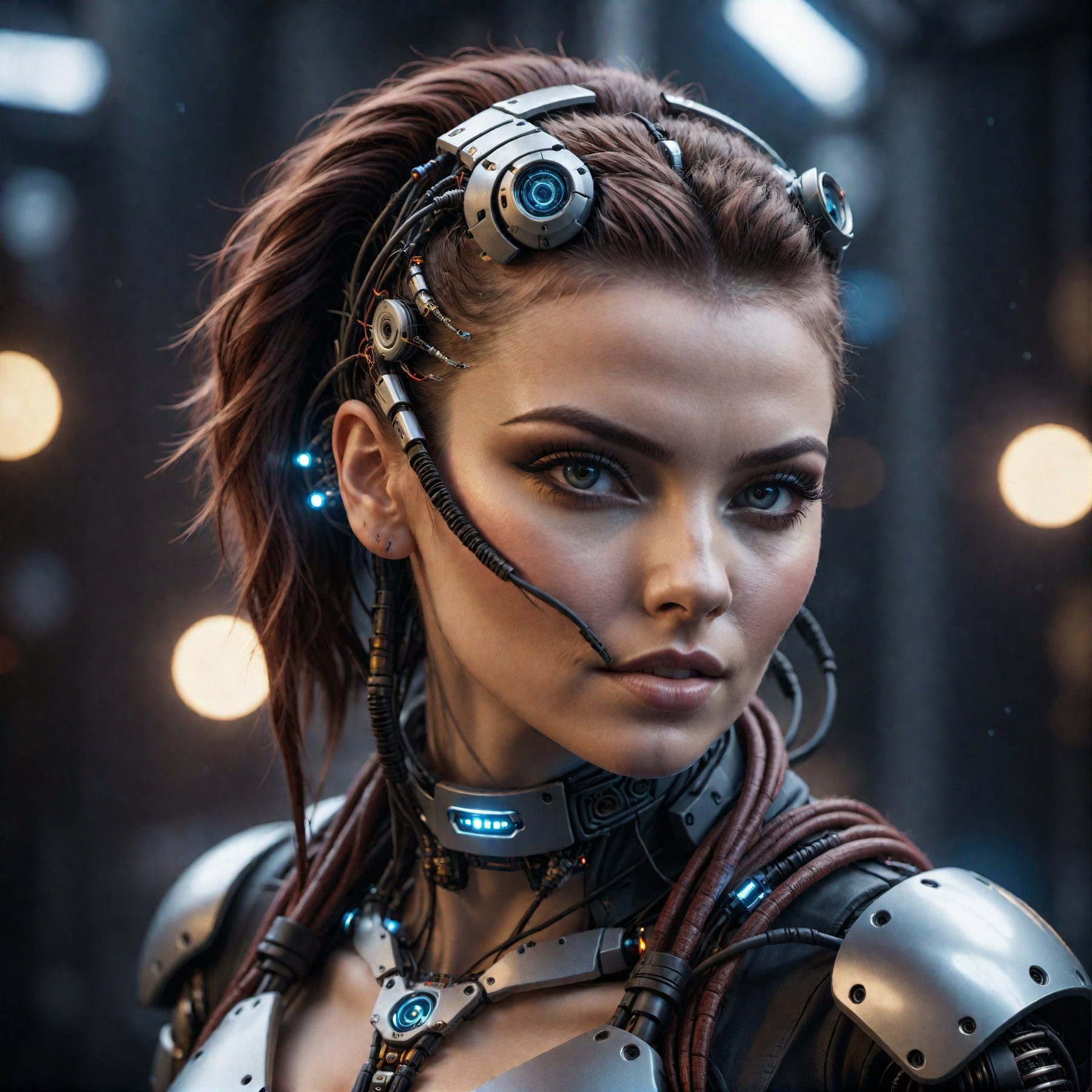cinematic photo detailed closeup portraid of a Beautiful cyberpunk woman, robotic parts, cables, lights, text; "fenrisxl", high quality photography, 3 point lighting, flash with softbox, 4k, Canon EOS R3, hdr, smooth, sharp focus, high resolution, award winning photo, 80mm, f2.8, bokeh . 35mm photograph, film, bokeh, professional, 4k, highly detailed