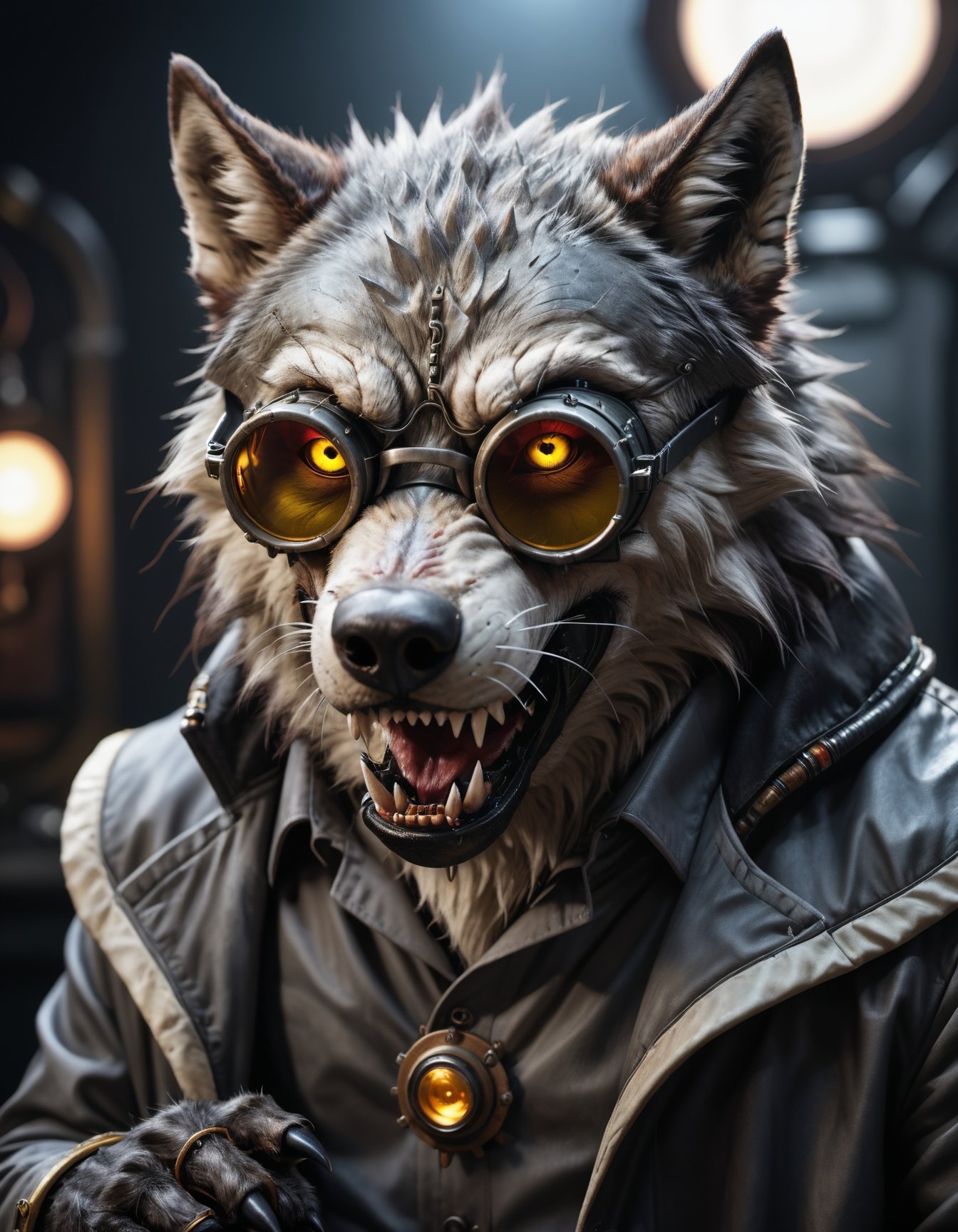 Hyperrealistic art detailed photo of a evil scientist,wolf,,fangs, cyberpunk, mask, wrathful eyes, open mouth, dark science lab, steampunk sun glasses, dark atmosphere, Homunculus, hyperrealistic, paws, detailed fur . Extremely high-resolution details, photographic, realism pushed to extreme, fine texture, incredibly lifelike, high quality photography, 3 point lighting, flash with softbox, 4k, Canon EOS R3, hdr, smooth, sharp focus, high resolution, award winning photo, 80mm, f2.8, bokeh