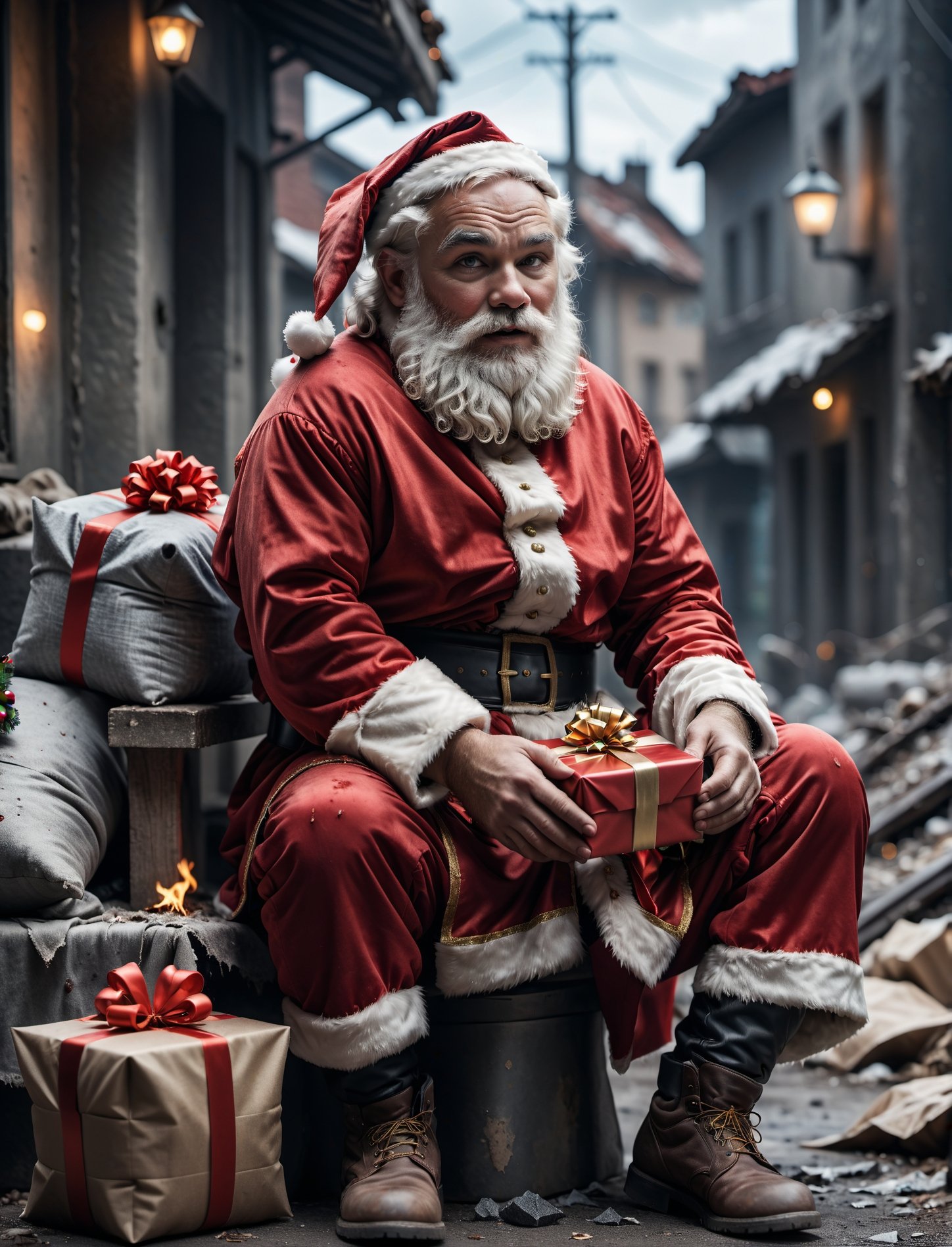 cinematic photo sad santa Santa Claus deliver his last gift on the last day on earth, sitting, dirty cloth, destroyed city after nuclear blast . 35mm photograph, film, bokeh, professional, 4k, highly detailed, high quality photography, 3 point lighting, flash with softbox, 4k, Canon EOS R3, hdr, smooth, sharp focus, high resolution, award winning photo, 80mm, f2.8, bokeh