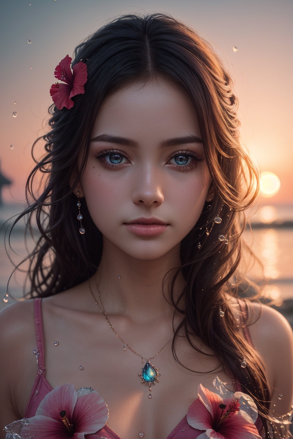 (best quality, 8K, ultra-detailed, masterpiece), (ultra-realistic, photorealistic), An enchanting 8K rendering of a hibiscus Moon adorned with delicate water drops, bathed in a mesmerizing neon glow, against a random background, capturing the ethereal beauty of a sunrise with a bokeh mood.