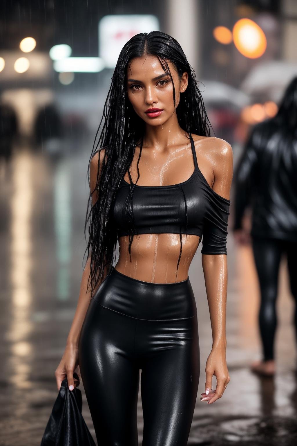 “A close-up shot of a  tanned girl with very long legs, long black hair, skinny body, narrow waist, (abs:0.7), in public at a German City ((at night in the pouring rain)) with spandex leggings and crop top (smokey dark eyes and lipstick ) with a pensive expression, wearing a dark, off-the-shoulder dress and a single, statement piece of jewelry, The background should be out of focus and feature soft, warm tones” (soaking wet) (wet hair, wet body, wet clothes)