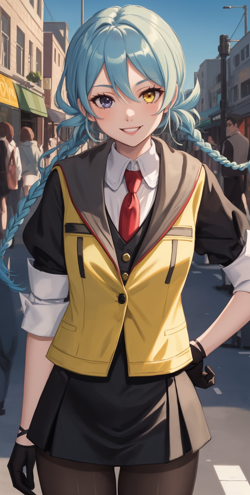 masterpiece, best quality, mizuki, twin braids, heterochromia, yellow vest, gloves, red necktie, black dress, pantyhose, upper body, looking at viewer, furrowed brow, smile, hands to hips, city street ,mizuki