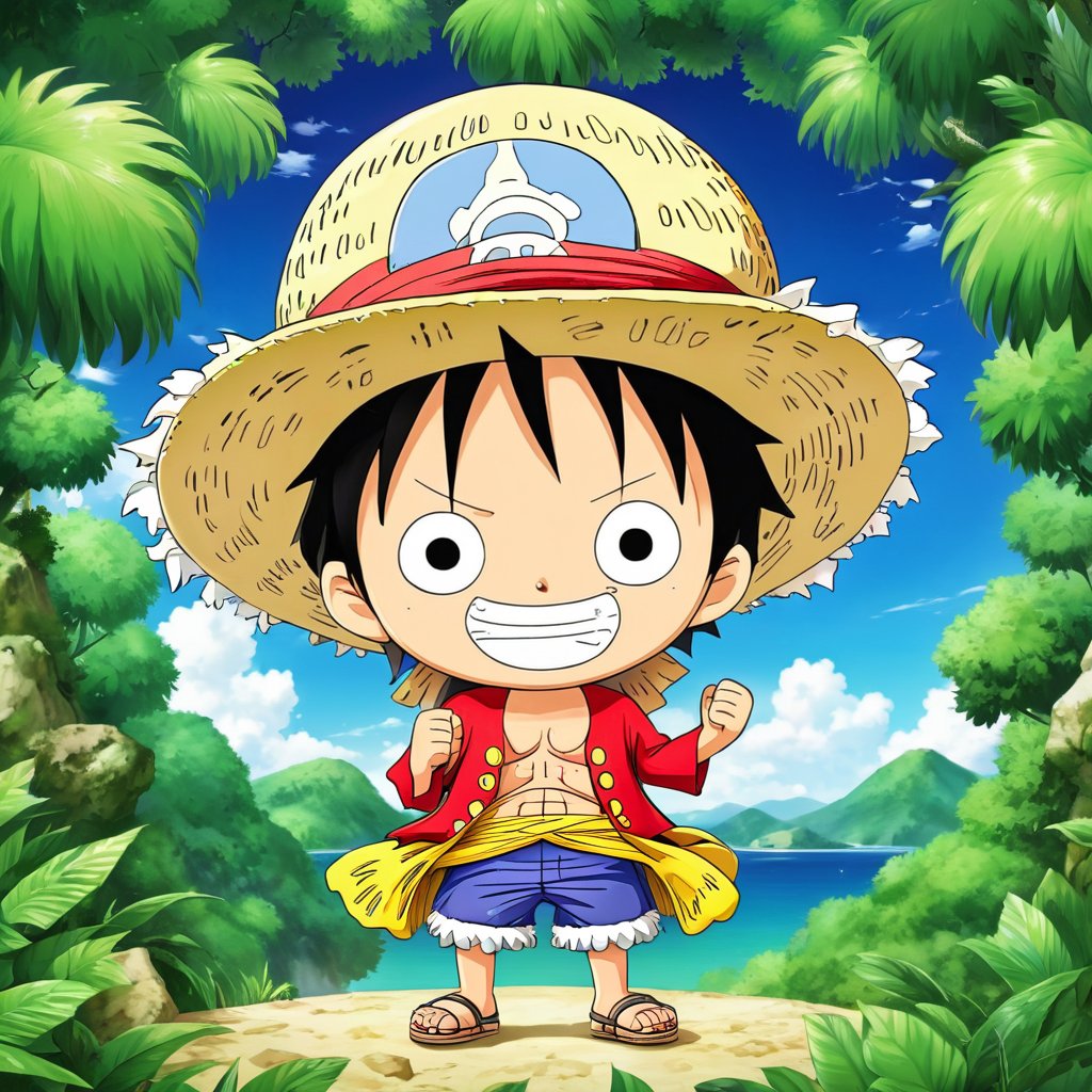 Chibi Style,  Luffy,  best quality,  nature background,  One piece,  anime, <lora:EMS-49581-EMS:1.000000>