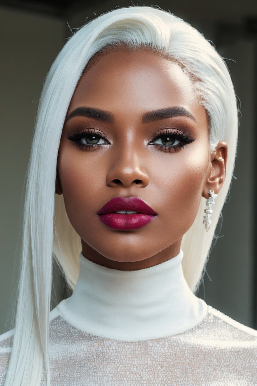 (Best quality, 8k, 32k, Masterpiece, UHD:1.2),  potrait of a gorgeous afroamerican, posing for a fashion magazine white gloss lipstick, wearing a  white turtleneck couture dress, , ((Fancy white make up, white eyeshadow, long  fancy eyeliner,))  face glitter, (platinum dyed straight hair), and attractive features, looking at viewer,  eyes, eyelid, leashes, eyes contact,  focus, depth of field, film grain, serious, ray tracing, sunset, ((contrast lipstick)), detailed natural real skin texture, perfect straight platinum dyed hairstyle ,visible skin pores, anatomically correct,(PnMakeEnh)