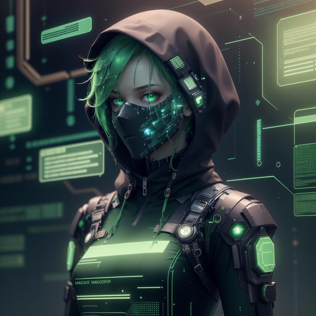 <lora:HackedTech-20:0.9>, hackedtech , scifi,  cyberpunk ,  data stream , pixelated,    green hues , 1girl, glowing hair , 