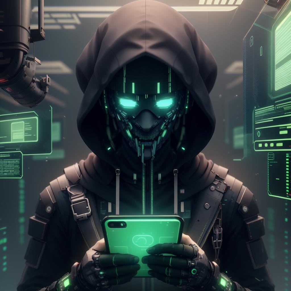 <lora:HackedTech-20:0.9>, hackedtech , scifi,  cyberpunk ,  data stream , pixelated,  holding a smartphone, neon mouth mask,