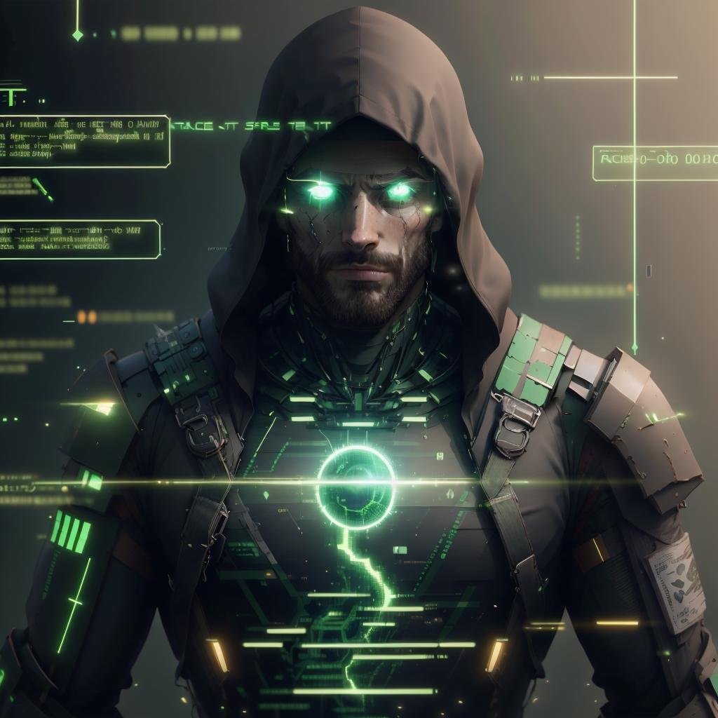 <lora:HackedTech-20:0.9>, hackedtech , scifi,  cyberpunk ,  data stream , pixelated,    green hues ,man, <lora:Gigachadv1:0.65> gigachad, glowing hair , upper body, glowing eyes, 