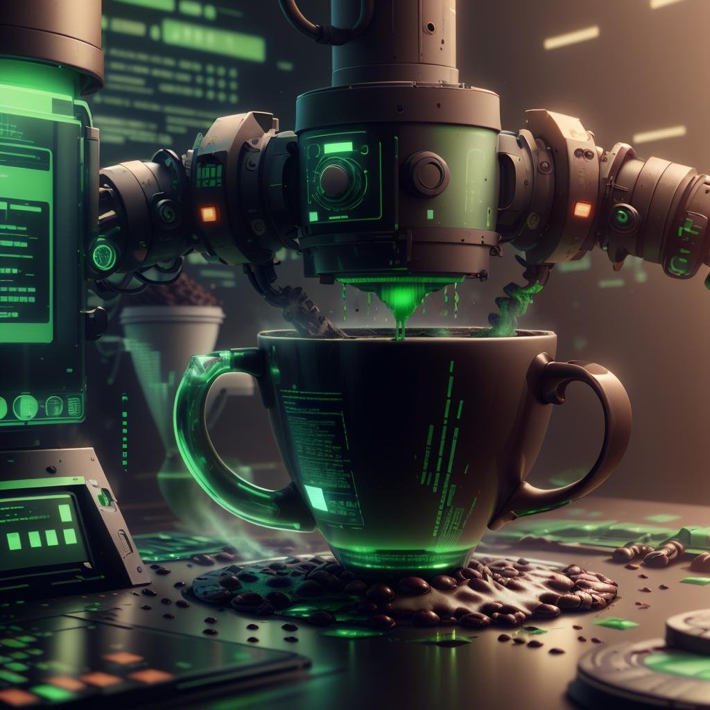 <lora:HackedTech-20:0.9>, hackedtech , scifi,  cyberpunk ,  data stream , pixelated,    green hues ,a (coffee machine:1.3)  ,