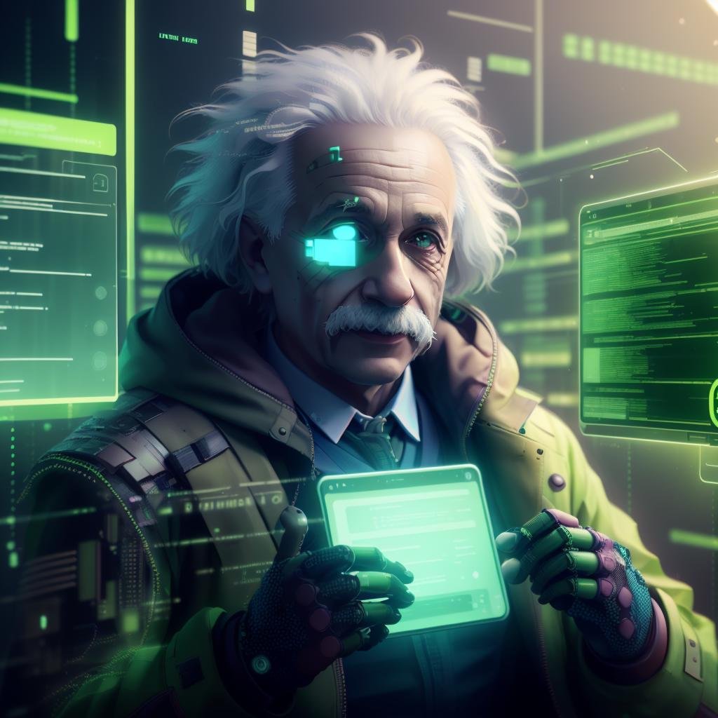 <lora:HackedTech-20:0.9>, hackedtech , scifi,  cyberpunk ,  data stream , pixelated,    green hues ,man , Albert Einstein, <lora:Albert Einstein:0.8> , scientist coat, holding my internet search history