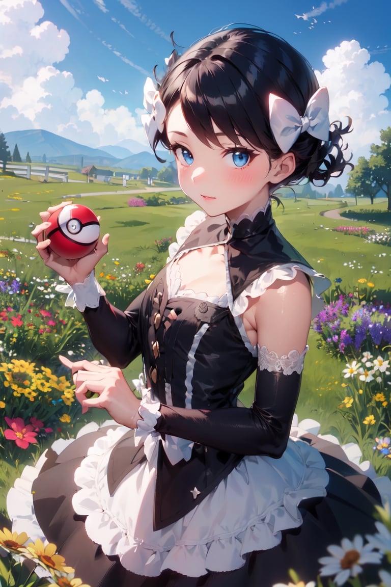 Marley_PKM, ? highres 4687517Tag? 1girl 5857101? black dress 164079? black hair 1434337? blue eyes 1727921? bow 912963? detached sleeves 328377? dress 1055306? field 10206? flower 500448? flower field 6081? gothic lolita 18027? hair bow 417360? holding 867261? holding poke ball 12933? lolita fashion 27209? looking at viewer 2804977? poke ball 27743? short hair 2036247? solo 4531053 