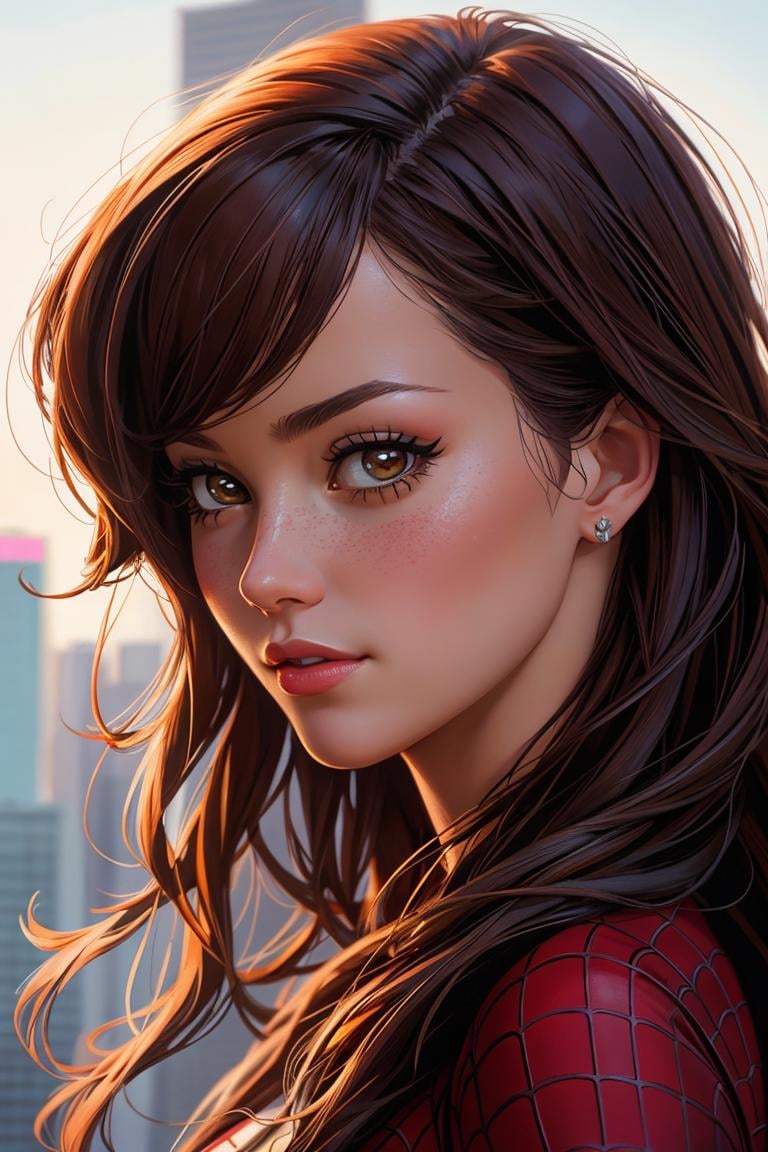 mary jane from spider man,cartoon style,cute girl,full shot body, most beautiful artwork in the world, professional majestic oil painting, trending on ArtStation, trending on CGSociety, Intricate, High Detail, Sharp focus, sharp image,hd, realistic reflects,dramatic, photorealistic painting art, catoonized, pinterest,