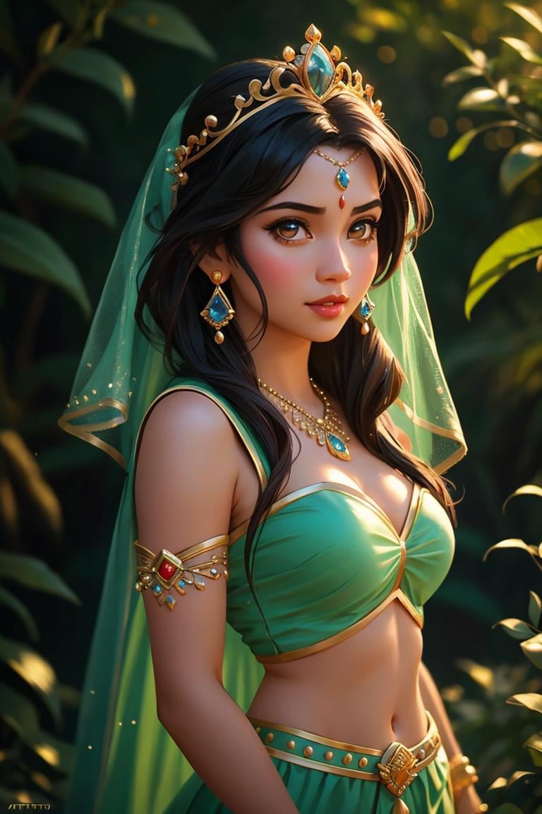 (princess),jasmine from aladdin,disney style,cute girl,full shot body, most beautiful artwork in the world, professional majestic oil painting, trending on ArtStation, trending on CGSociety, Intricate, High Detail, Sharp focus, sharp image,hd, realistic reflects,dramatic, photorealistic painting art, catoonized, pinterest,