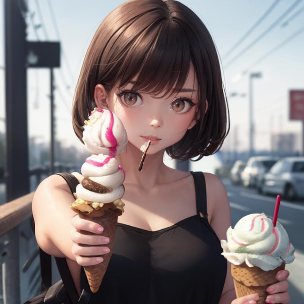 masterpiece, best quality,  8k,1girl, <lora:aimingAtViewer_v1:1>aiming at viewer,holding soft ice cream,Bring the soft serve ice cream to your mouth with one hand