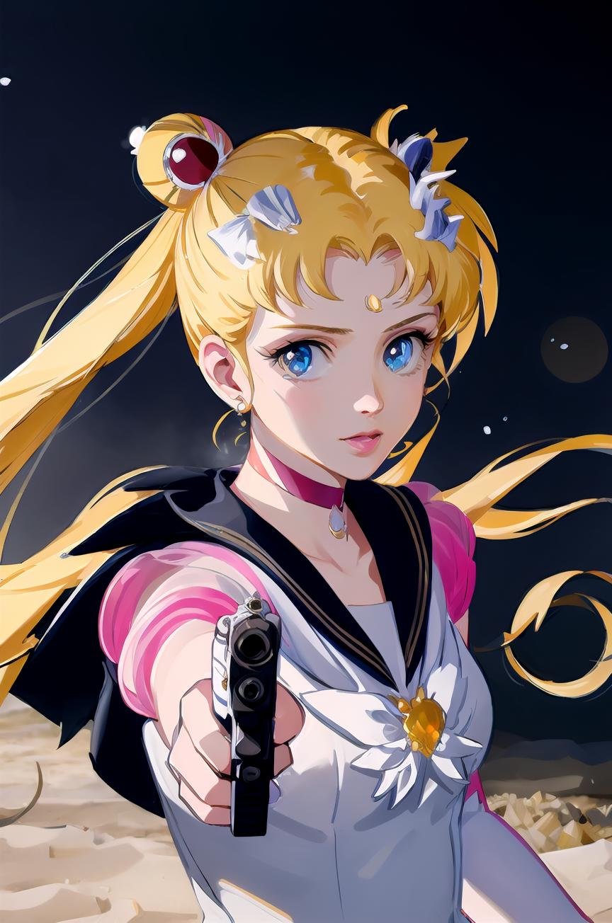 eternal sailor moon aiming handgun at viewer, holding realistic pistol, (realistic:1.3), finely detailed, quality, rembrandt lighting, (masterpiece:1.2), (photorealistic:1.2), (best quality), (detailed face:1.2), (detailed skin:1.3), (intricate details), dramatic, ray tracing,<lora:aimingAtViewer_v1:1>  <lora:eternal_sailor_moon-v10:1>