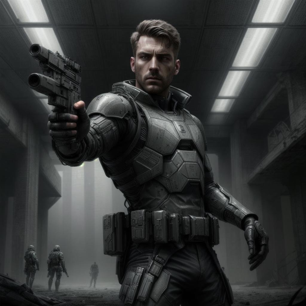 Dystopian style aiming at viewer, highly detailed photorealistic, highly detailed face, futuristic soldier in futuristic hightech armor,  aiming a futuristic hi-tech pistol at viewer, sci fi . . Bleak, post-apocalyptic, somber, dramatic, highly detailed
