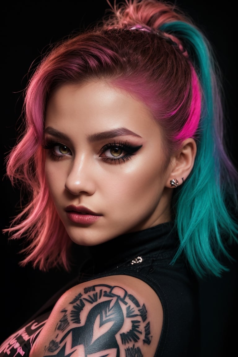 A confident and edgy 18-year-old Girl exudes rebellious confidence. Her boldly colored hair frames her face like a vibrant halo, while tattooed sleeves and piercings express her defiance. Smoky eyes hint at a mysterious depth. She walks with a swagger, a testament to her fierce individuality, embodying unapologetic uniqueness.