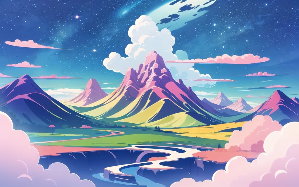 ((masterpiece)), (best quality), official art, extremely detailed CG, unity 8k wallpaper, ultra detailed, colorful, japanese landscape, galaxy sky, clouds,