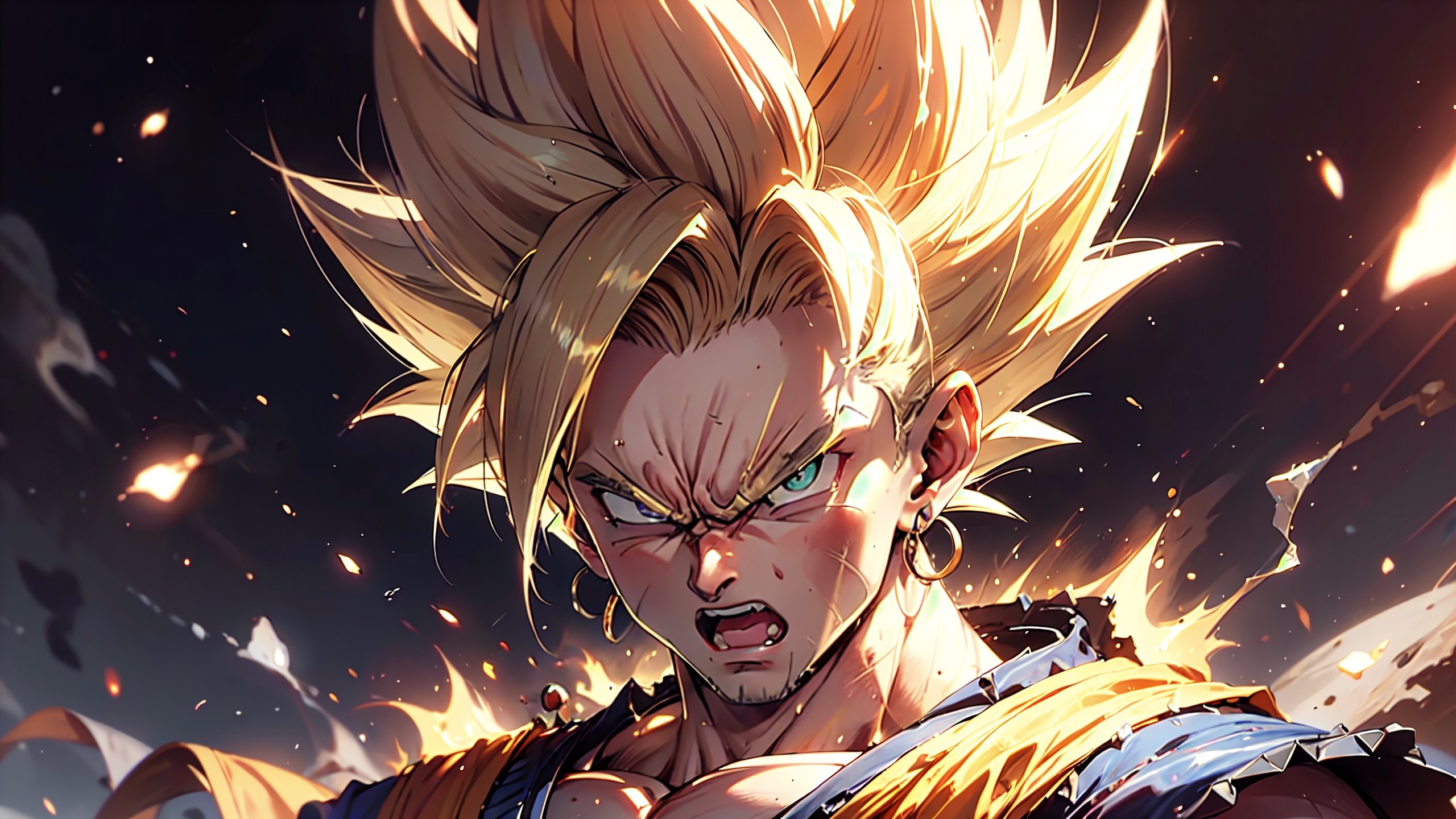 1boy, (male focus:1.1), (detailed muscular fit perfect body:1.2), (detailed beautiful angry songoku face:1.4), (detailed perfect hands), (detailed energy white piercing eyes:1.3), (detailed highlight blond spiked hair:1.5), SAIYA, super Saiyan, Aura explosion of yellow energy crackling with electricity , detailed devastation background, subsurface scattering, heavy shadow, (high quality:1.4), (intricate, high detail:1.2), professional photography, HDR, High Dynamic Range, realistic, ultra realistic, photorealistic, high resolution, rule of thirds, film photography, DSLR, (looking at viewer:1.4) <lora:supersaiyan:0.65>