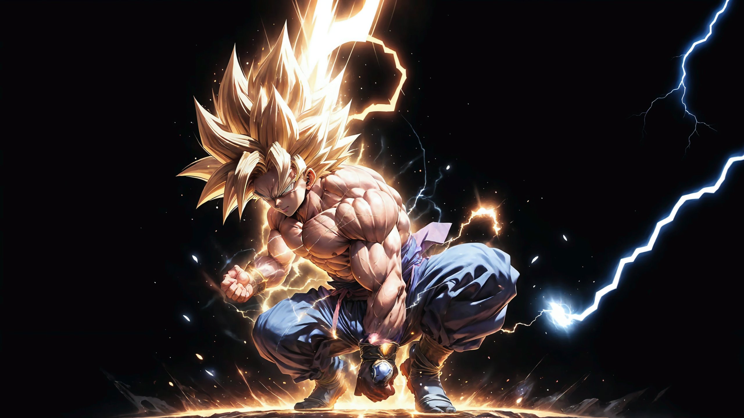 Award wining professional of a (full body photo portrait:1.4) of sangoku in fighting stance position, surrender by aura Brilliant and Crackling with Energy, (detailed perfect muscular fit body:1.2),SAIYA,(looking at viewer),(white eyes:1.2),(blond long  hair, super saiyan, spiked hair, aura, electricity), Sangoku standing, in profile, arm outstretched, hand open, enormous spherical energy from his hand, lightning, luminous aura, blinding light <lora:supersaiyan:0.8>