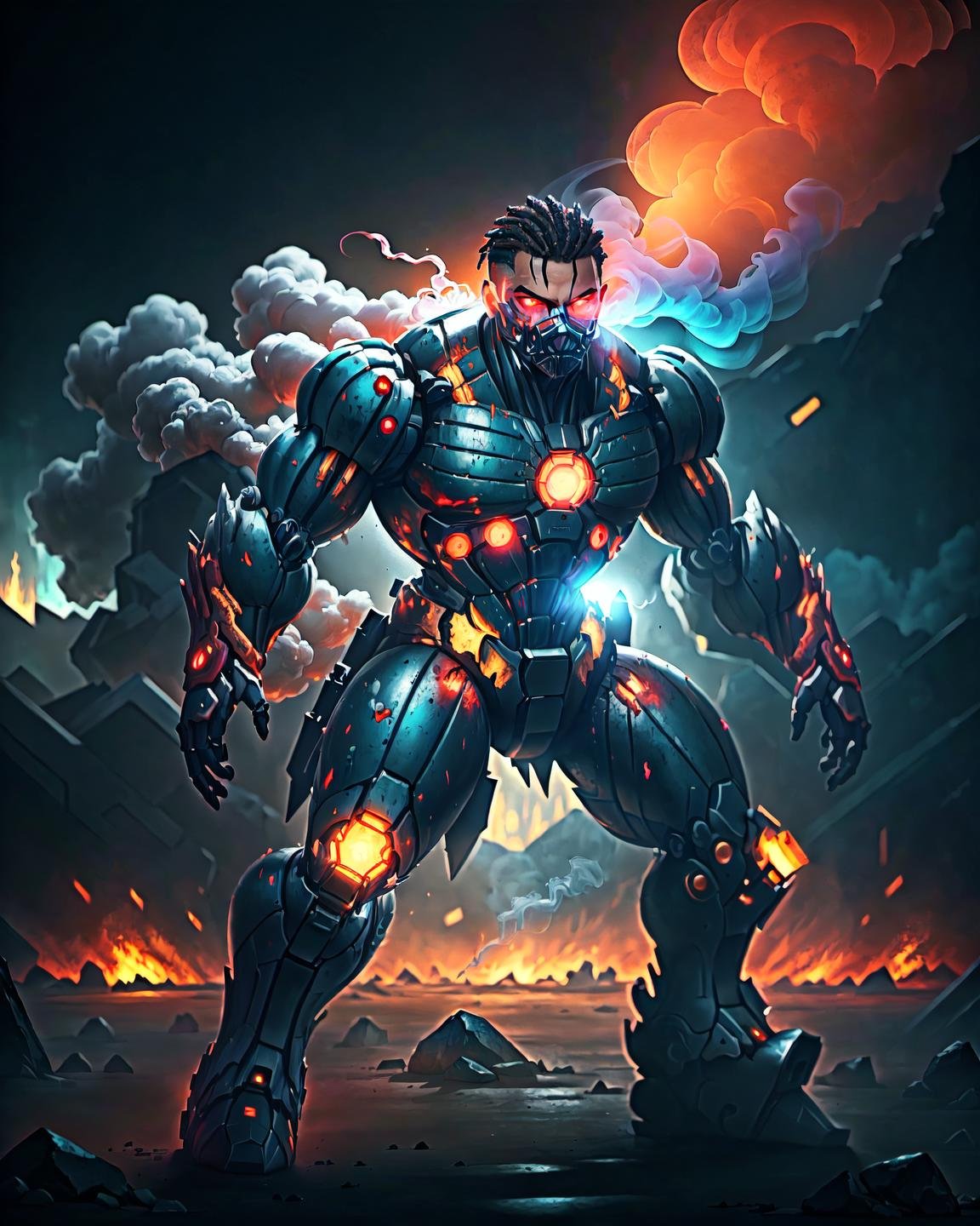 surrounded by smoke, scattered stone,(1female, glowing red_eyes:1.1),  (full body, dynamic action pose:1.1), many scratches on the body, mechine_arm is broken, shinny metal texture,  (rusty matte armor, cyan neon lights ),(detailed apocalyptic cyberpunk landscape),in the middle of cutthroat battle, delicate, cinematic lighting, best quality, realistic,  <lora:nanosuit_v10:0.7>