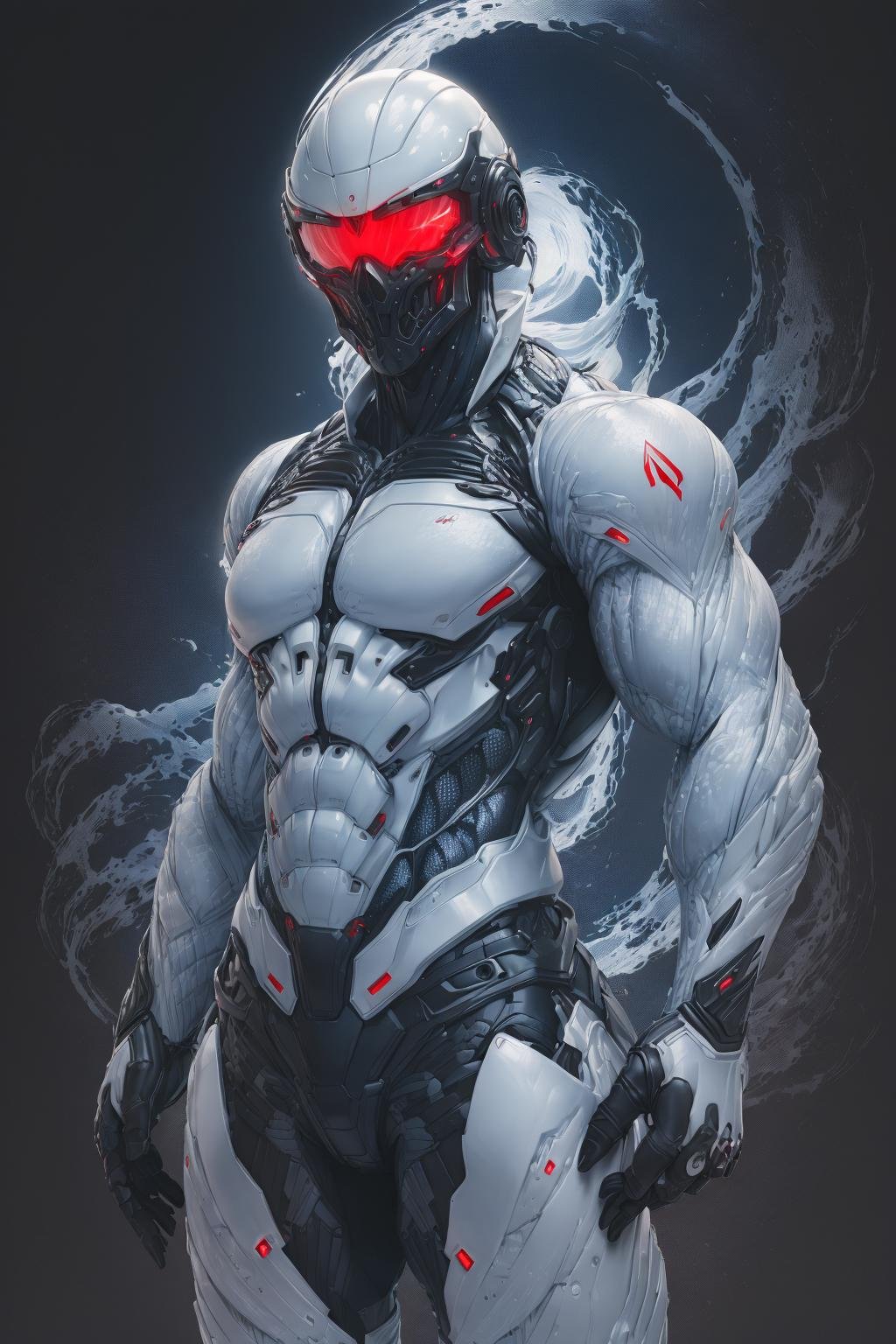 (best quality, ultra-detailed, best illustration, best shadow, masterpiece, high res, professional artwork, famous artwork), man in a (white:1,blue:.2 bulky colored carbon fiber nanosuit), long floating samurai white ponytail,nanosuit brutul helmet in the shape of skull,futuristic galss visor,red glowing liquid cooling   tubes connected to helmet,black background,angry brows <lora:nanosuit_v10:.6> 