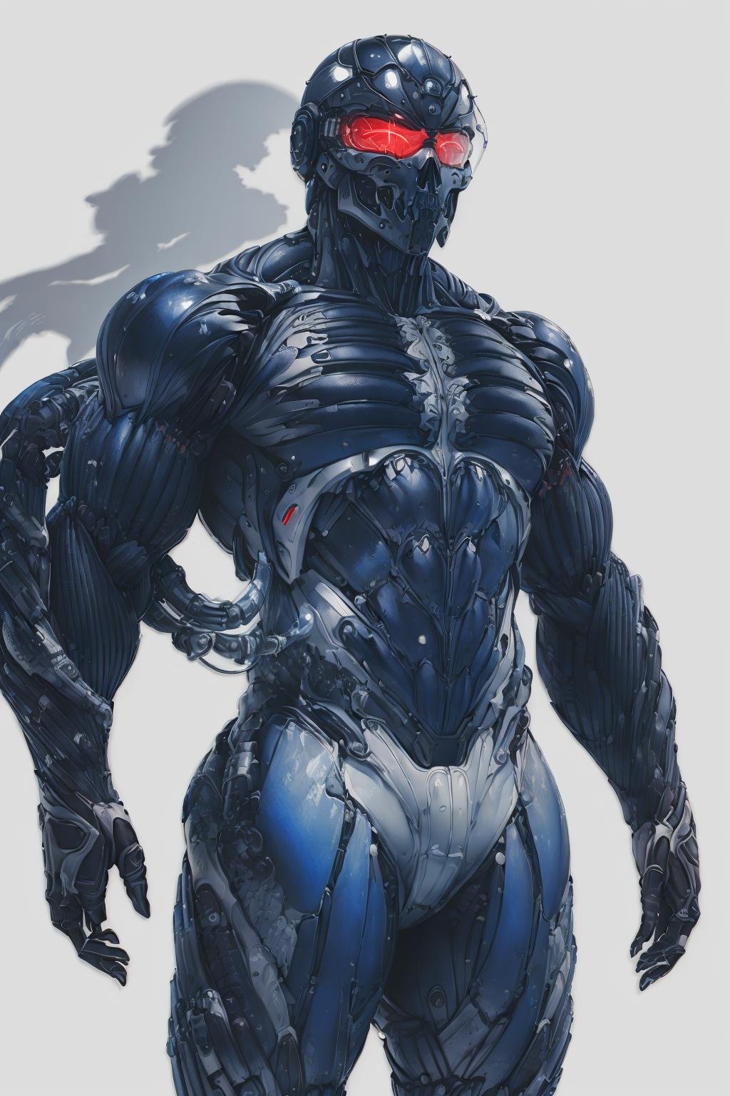 (best quality, ultra-detailed, best illustration, best shadow, masterpiece, high res, professional artwork, famous artwork), man in a (white:1,blue:.2 bulky colored carbon fiber nanosuit), nanosuit brutul helmet in the shape of skull,futuristic galss visor,liquid cooling tubes connected to helmet,black background,angry brows <lora:nanosuit_v10:.7> 