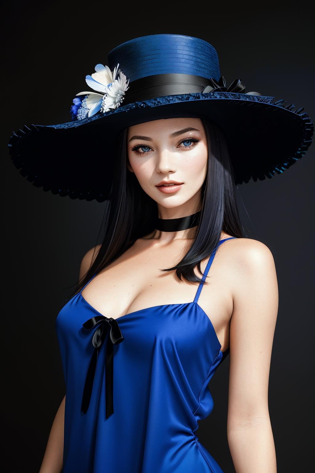 ((Masterpiece, best quality,edgQuality)),smirk,smug,edgKM, a woman in a blue dress and a black feathered hat ,wearing edgKM <lora:edgMoss:1>
