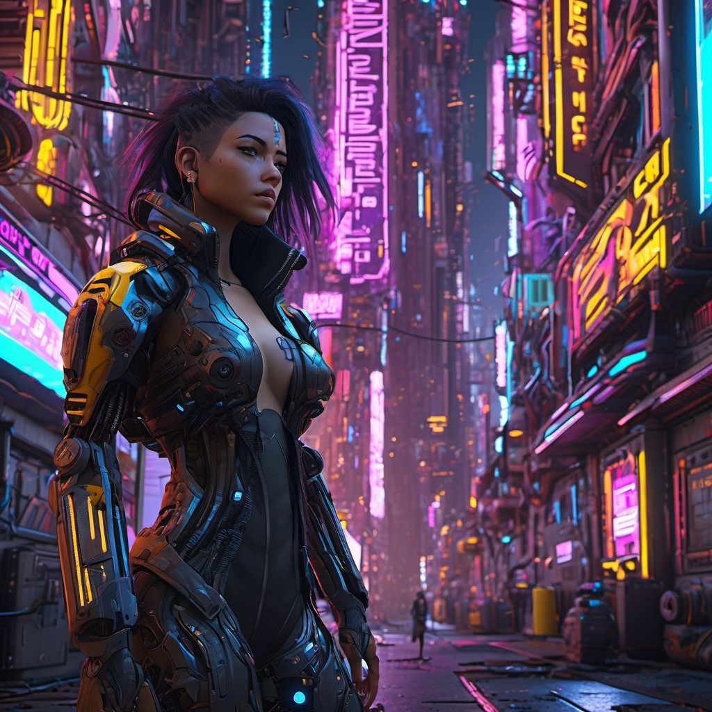 A cyberpunk city, cyberpunk style, a girl in the city , walking, ultra high quality, neon ambiance, abstract black oil, gear mecha, detailed acrylic, grunge, intricate complexity, rendered in unreal engine, photorealistic
