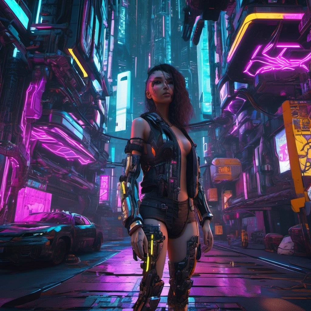A cyberpunk city, cyberpunk style, a girl in the city , walking, ultra high quality, neon ambiance, abstract black oil, gear mecha, detailed acrylic, grunge, intricate complexity, rendered in unreal engine, photorealistic
