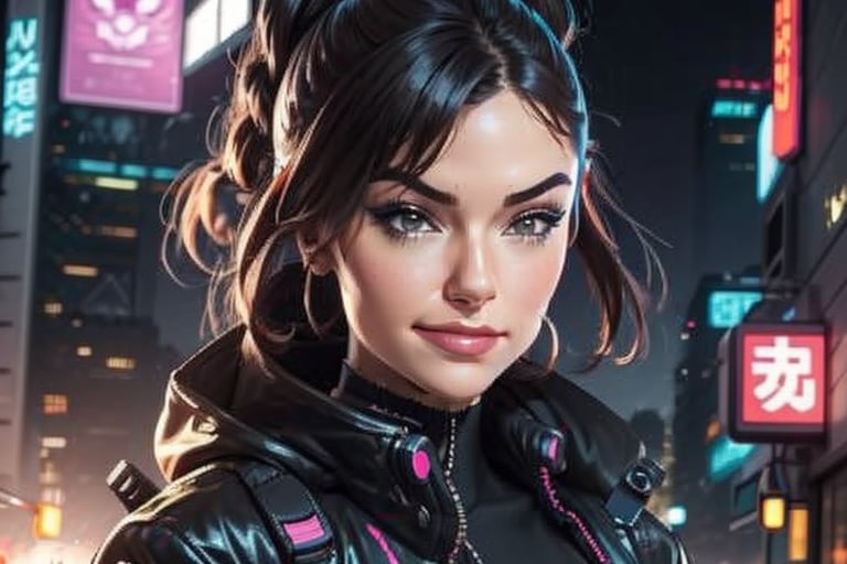 1 woman,  close up,  smile,  cyberpunk,  night city,  leotard,  jacket,  close up,  smirk,  happy,  badass,  sexy,  zoomed on face,  wallpaper,  club,  skimpy,  see though,  breasts, <lora:EMS-37836-EMS:0.800000>, , <lora:EMS-51246-EMS:1.000000>
