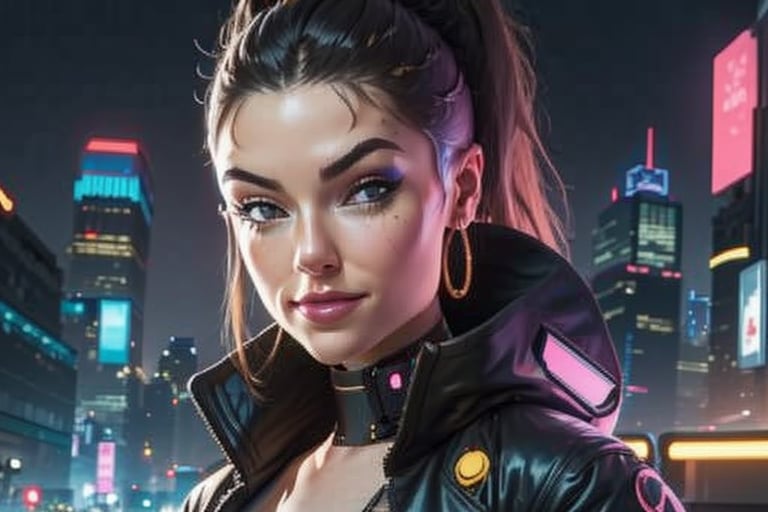 1 woman,  close up,  smile,  cyberpunk,  night city,  leotard,  jacket,  close up,  smirk,  happy,  badass,  sexy, <lora:EMS-51246-EMS:1.000000>, , <lora:EMS-37836-EMS:0.800000>