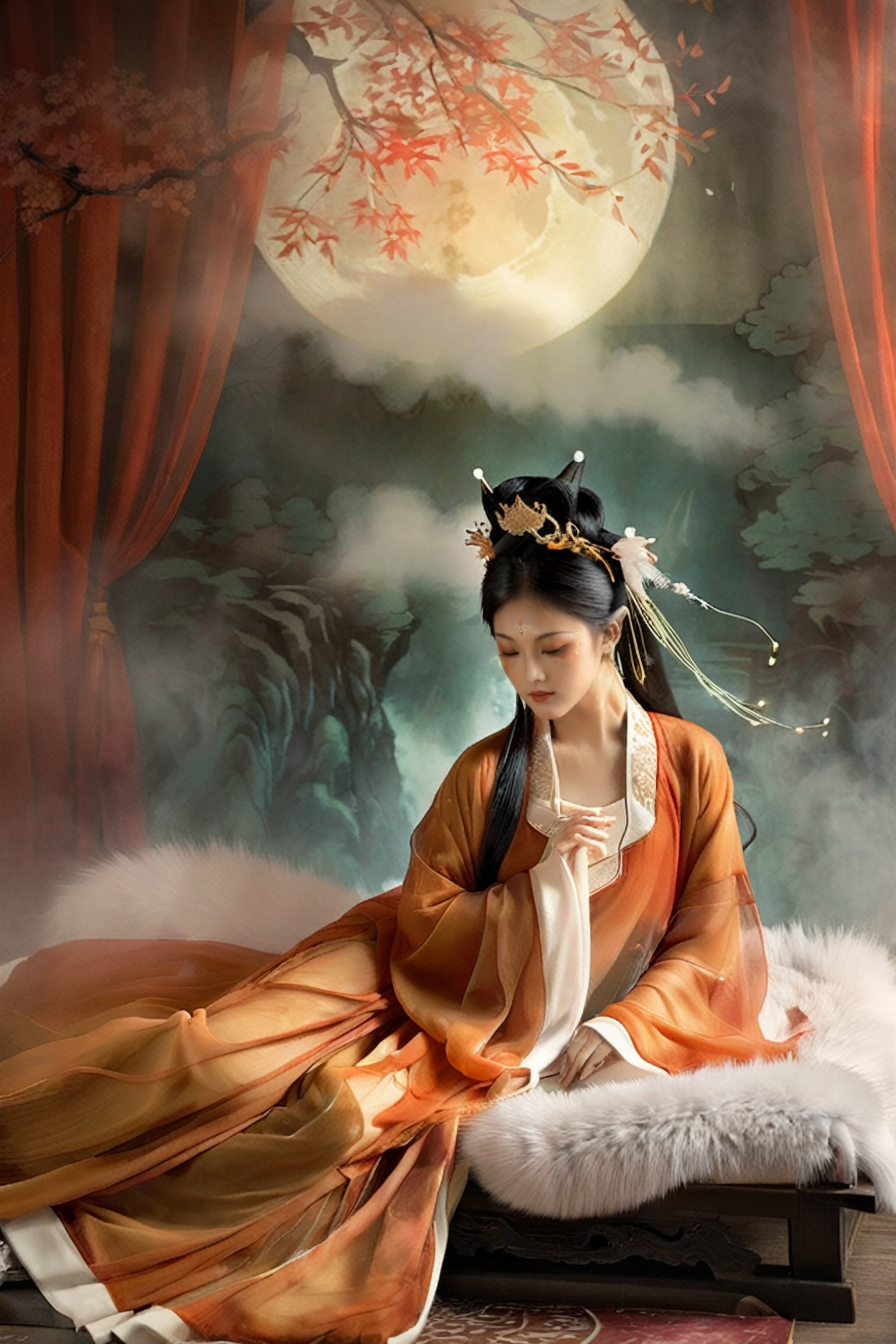 Dim prompt As String = "Artistic Image Types: {An artistic representation of a nine-tailed fox spirit with exquisite Tang dynasty attire,  gracefully lying on a traditional Chinese bed. Her hand delicately holds a fan,  emanating timeless elegance. The backdrop features flowing red translucent curtains that cast an ethereal glow,  and the scene is artistically composed with creative lighting and misty smoke effects,  creating a dreamlike atmosphere. The fox spirit's expression is serene and introspective,  as if lost in thought,  evoking tranquil beauty and cultural richness.},  Digital Illustration,  Artistic style,  Capturing the ethereal essence of a nine-tailed fox spirit,  High resolution,  (nine-tailed fox spirit:1.2),  (Tang dynasty attire:1.15),  (artistic representation:1.18),  (ethereal glow:1.12),  (dreamlike atmosphere:1.16),  (serene expression:1.2),  (tranquil beauty:1.18),  (cultural richness:1.15),  (exquisite details:1.12),  (creative lighting:1.16),  (mystic allure:1.2), <lora:EMS-37230-EMS:0.300000>