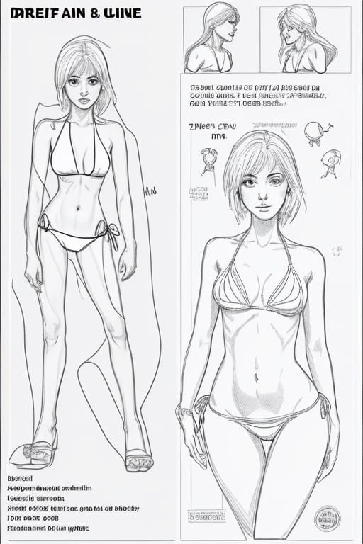 draft, outline, monochrome,  reference sheet, drawing comic talking about how to wear bikini 