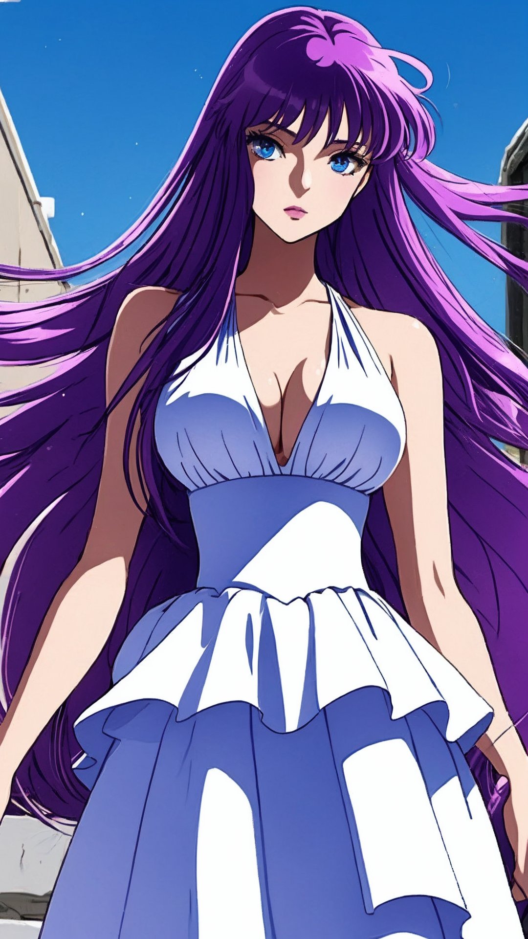 




Saori Kido, kido_saori, purple hair, long hair, blue eyes, big_breasts,  saori_sleeveless_white_dress,