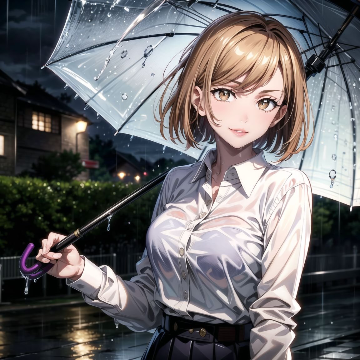 ((best quality)), ((highly detailed)), masterpiece, ((official art)), detailed face, beautiful face, (nobara kugisaki, brown eyes, brown hair), (collared shirt:1.3),holding umbrella, (water drop),(rain:1.2),(night:1.2),city, shared umbrella, umbrella, holding, water drop, puddle, solo, raincoat, leaf umbrella, sidewalk, white shirt, shirt, black skirt,pleated skirt,belt,(seductive smile),(closed mouth),(lips:1.2), outdoors, brick wall, looking at viewer, pavement, formal,long sleeves, overcast, utility pole, collared shirt, cloudy sky,intricately detailed, hyperdetailed, blurry background,depth of field, best quality, masterpiece, intricate details, tonemapping, sharp focus, hyper detailed, trending on Artstation,1 girl, high res, official art<lora:1DetailTweaker:0.6> <lora:1BeautifulEyes:0.6> <lora:1AddMoreDetails:0.2> <lora:CuartoIntentoNobara-15:0.6>