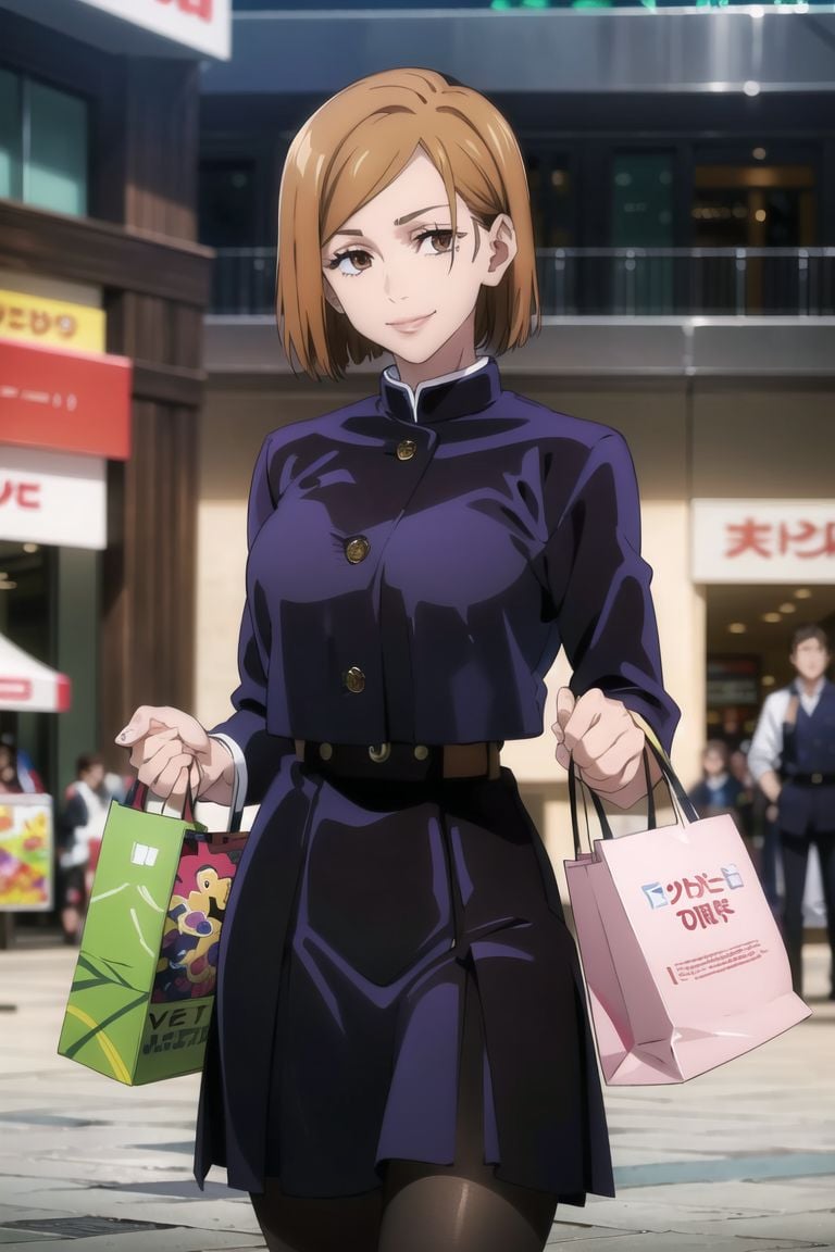 ((best quality)),  ((highly detailed)),  masterpiece,  ((official art)),  (cowboy shot), nobara kugisaki, brown eyes, jujutsu kaisen, cropped jacket, brown belt, high-waist skirt, seductive smile, confident, evil smile,pantyhose, scenary,eyelashes, shopping mall, stores, outlets, shopping bag ,intricately detailed, hyperdetailed, blurry background,depth of field, best quality, masterpiece, intricate details, tonemapping, sharp focus, hyper detailed, trending on Artstation,1 girl, high res, official art , <lora:CuartoIntentoNobara-15:0.8>