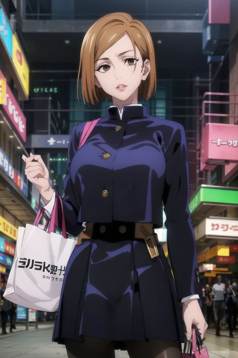 ((best quality)),  ((highly detailed)),  masterpiece,  ((official art)),  (cowboy shot), nobara kugisaki, brown eyes, jujutsu kaisen, school uniform, blue jacket, blue skirt, brown belt, pantyhose,  seductive lips, lips,pantyhose, (cyberpunk:1.3),(scenary:1.1),eyelashes, shopping mall, stores, outlets, shopping bag ,intricately detailed, hyperdetailed, blurry background,depth of field, best quality, masterpiece, intricate details, tonemapping, sharp focus, hyper detailed, trending on Artstation,1 girl, high res, official art , <lora:CuartoIntentoNobara-15:0.8>