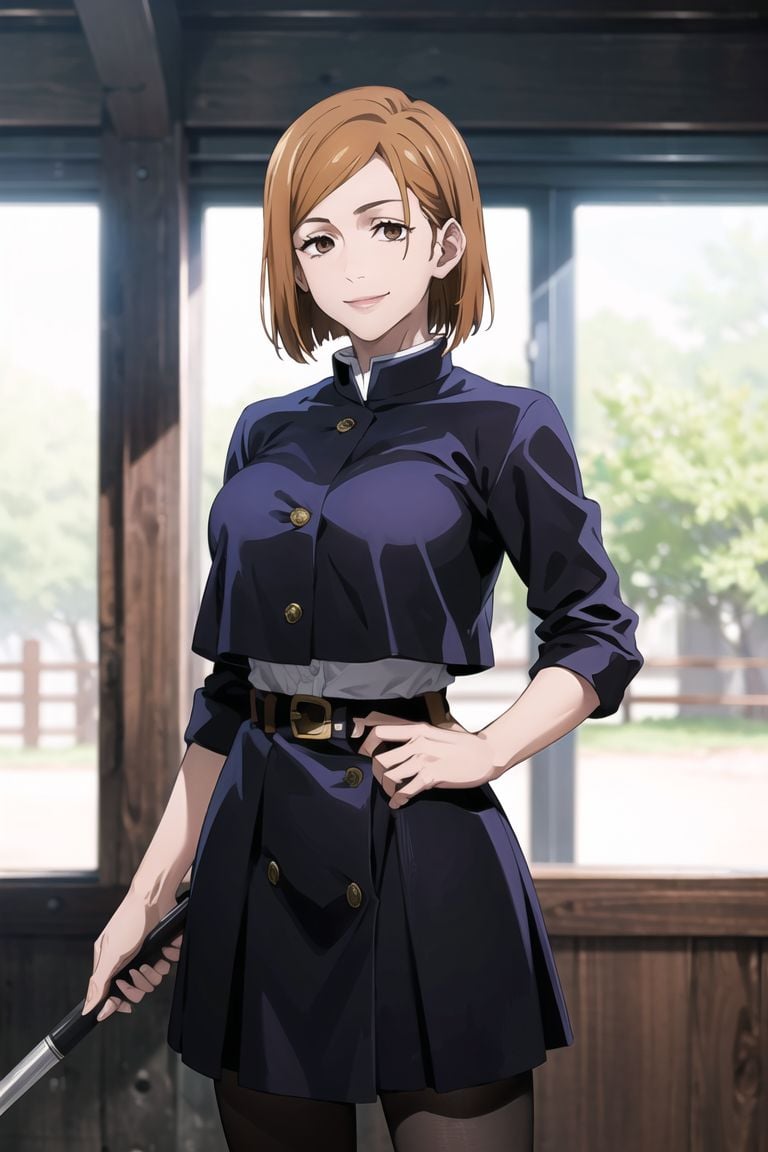 ((best quality)),  ((highly detailed)),  masterpiece,  ((official art)),  (cowboy shot), nobara kugisaki, brown eyes, jujutsu kaisen, cropped jacket, brown belt, high-waist skirt, seductive smile, pantyhose, scenery, indoors, window, intricately detailed, hyperdetailed, blurry background, depth of field, best quality, masterpiece, intricate details, tonemapping, sharp focus, hyper detailed, trending on Artstation, 1 girl, high res, official art,  <lora:nobara3-14:0.8>