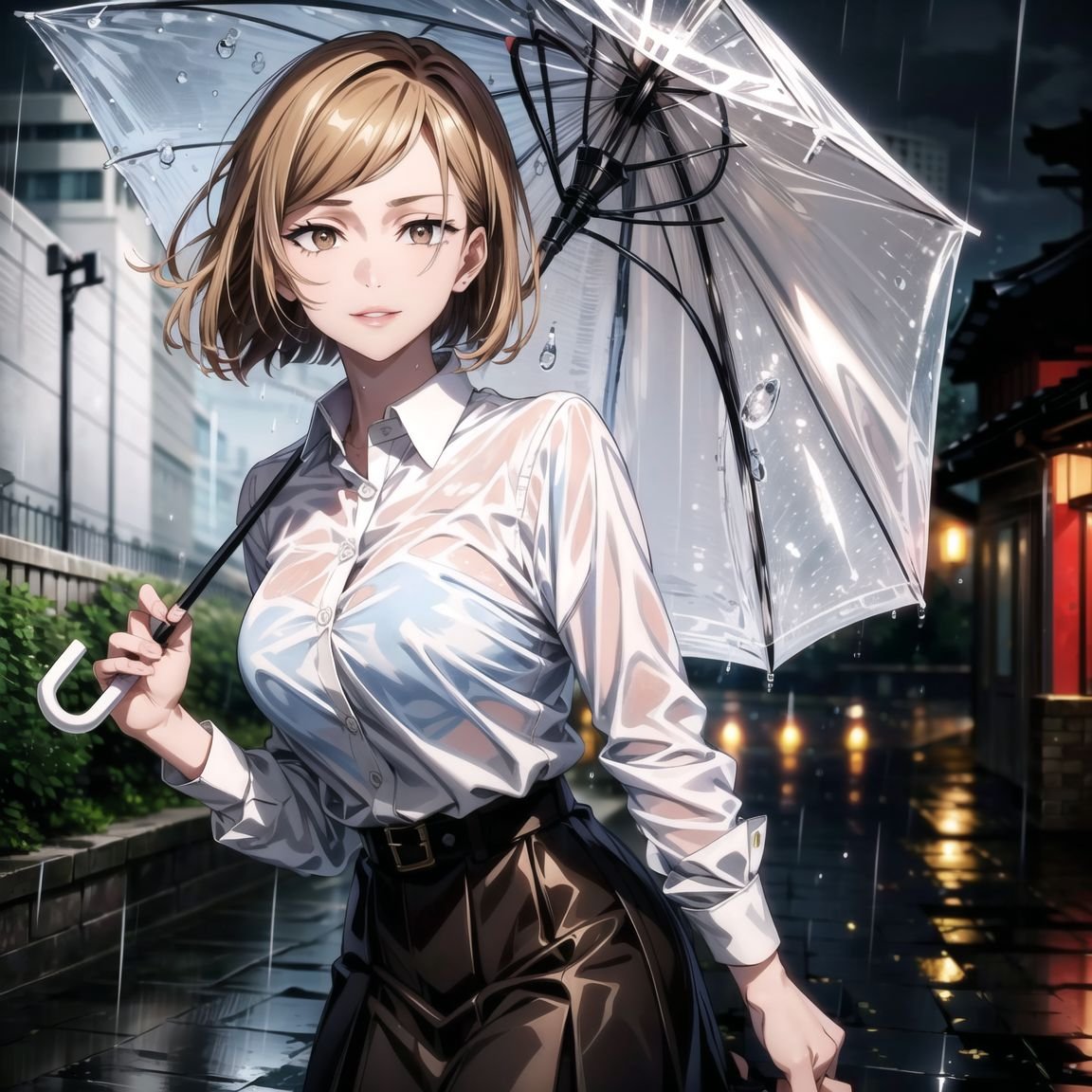 ((best quality)), ((highly detailed)), masterpiece, ((official art)), detailed face, beautiful face, (nobara kugisaki, brown eyes, brown hair), (collared shirt:1.3),holding umbrella, (water drop),(rain:1.2),(night:1.2),city, shared umbrella, umbrella, holding, water drop, puddle, solo, raincoat, leaf umbrella, sidewalk, white shirt, shirt, black skirt,pleated skirt,belt,(seductive smile),(closed mouth),(lips:1.2), outdoors, brick wall, looking at viewer, pavement, formal,long sleeves, overcast, utility pole, collared shirt, cloudy sky,intricately detailed, hyperdetailed, blurry background,depth of field, best quality, masterpiece, intricate details, tonemapping, sharp focus, hyper detailed, trending on Artstation,1 girl, high res, official art<lora:1DetailTweaker:0.6> <lora:1BeautifulEyes:0.6> <lora:1AddMoreDetails:0.2> <lora:CuartoIntentoNobara-15:0.6>