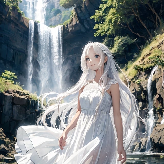 waterfall
beautiful girl
happy, clear
white dress,
longhair 