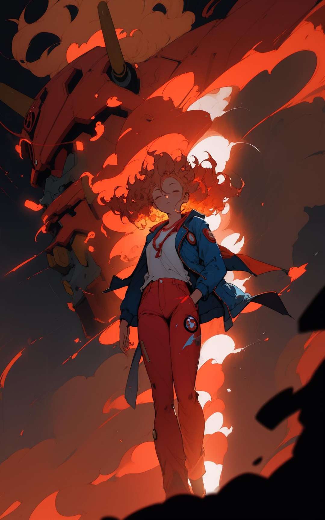 niji，full shot, multiple perspectives, projection, 1girl, curly hair, windy, blonde, blue jacket, red pants, chiaroscuro lighting, disintegration, background: mech factory,(masterpiece,high quality),